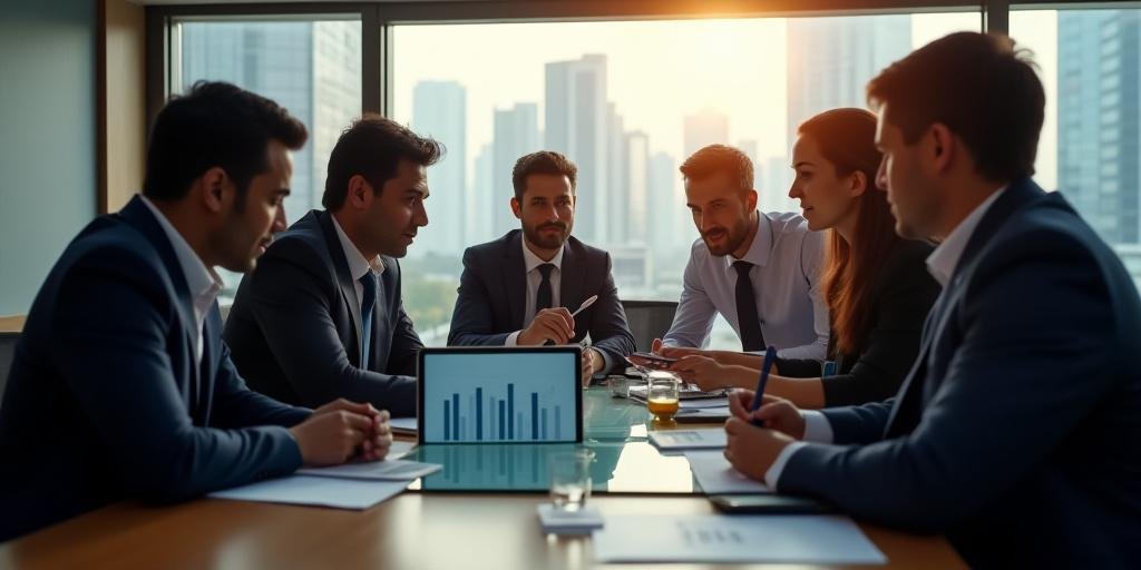 Executive board members discussing financial strategy in a modern Delhi office