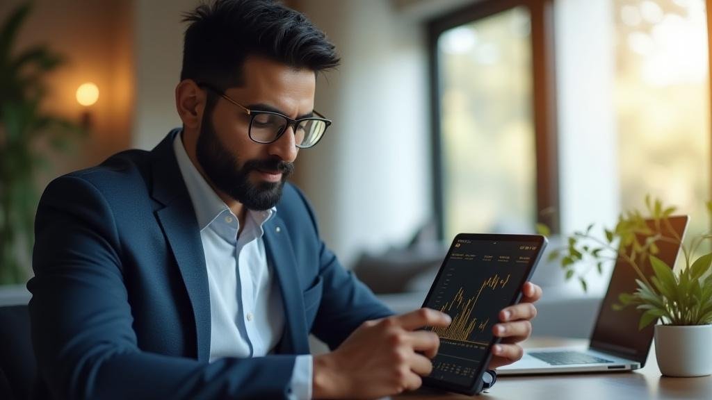 Successful Indian investor monitoring diverse financial portfolio